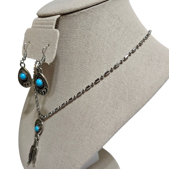 Navajo Indian Sterling Silver & Turquoise Bear Paw Dangle Earrings & Pendant - Picture 4 of 11